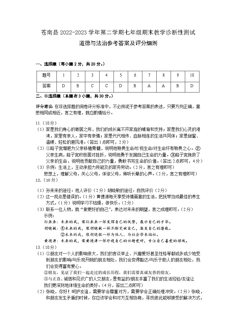 温州市苍南县2022-2023学年第二学期七年级上册道德与法治期末教学诊断性测试参考答案2023.2.3(2)第1页
