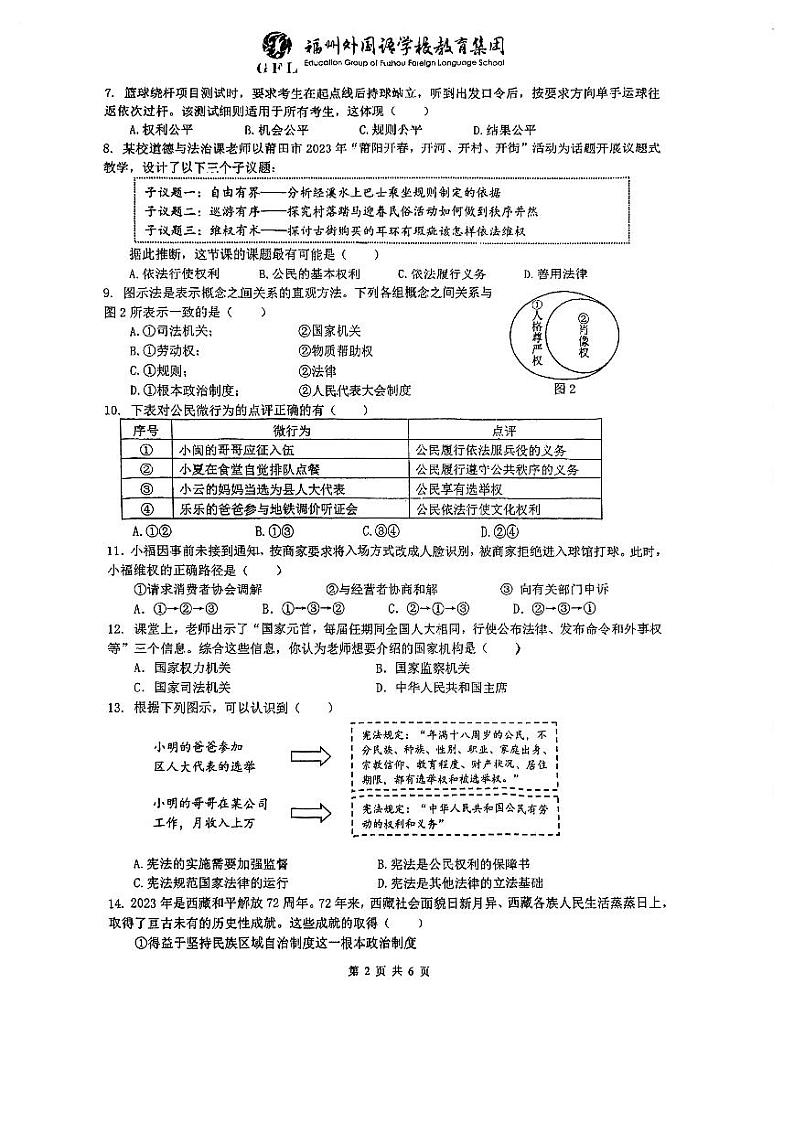福建省福州市外国语学校2022-2023学年八年级下学期期末道德与法治试卷02