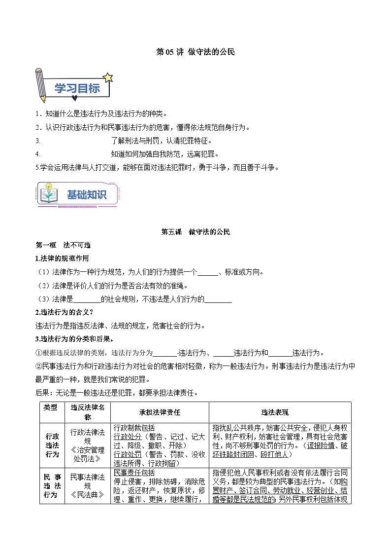 【暑假提升】部编版道德与法治七年级（七升八）暑假预习-第05讲 做守法的公民 讲学案01