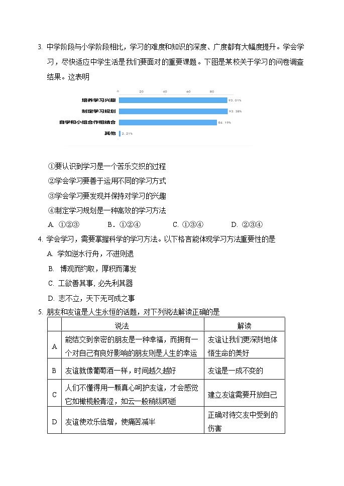 2022-2023学年北京市石景山区七年级上学期期末道德与法治试卷第2页