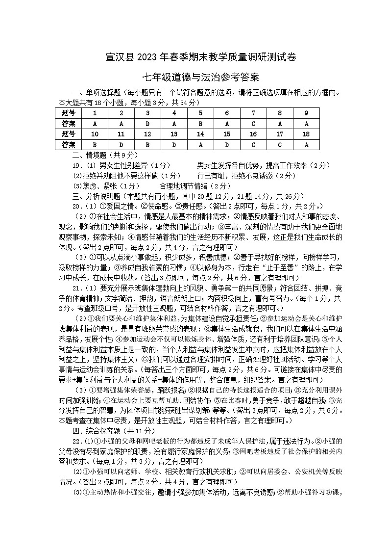 七年级道德与法治参考答案第1页