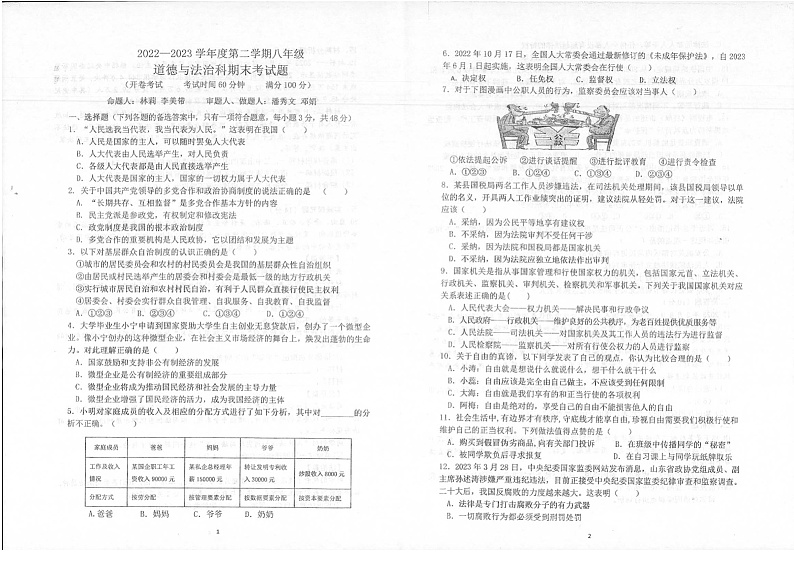 海南省文昌市文昌中学2022-2023学年八年级下学期7月期末道德与法治试题第1页