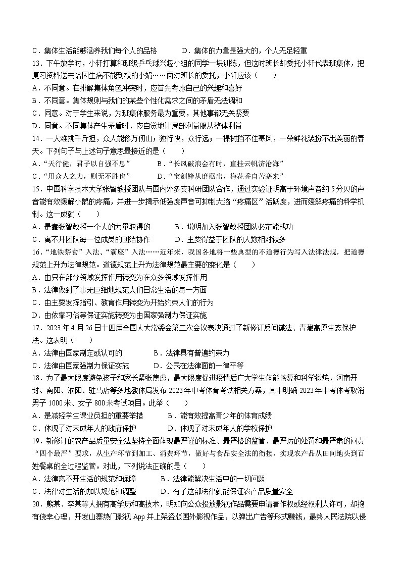 广东省河源市东源县2022-2023学年七年级下学期期末道德与法治试题（含答案）03