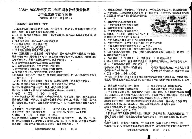广东省湛江市雷州市第三中学2022-2023学年七年级下学期期末道德与法治试卷01