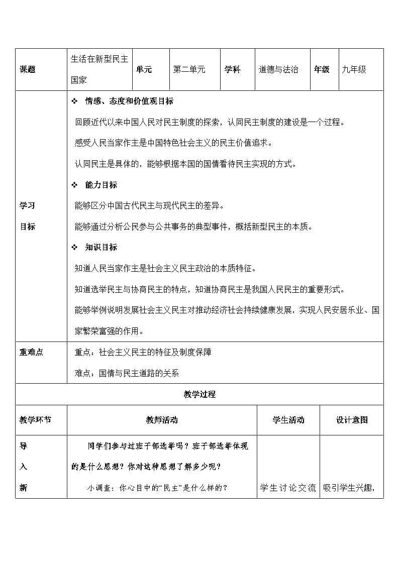人教部编版道法九上 3.1《生活在新型民主国家》 课件+教案+练习+学案+素材01