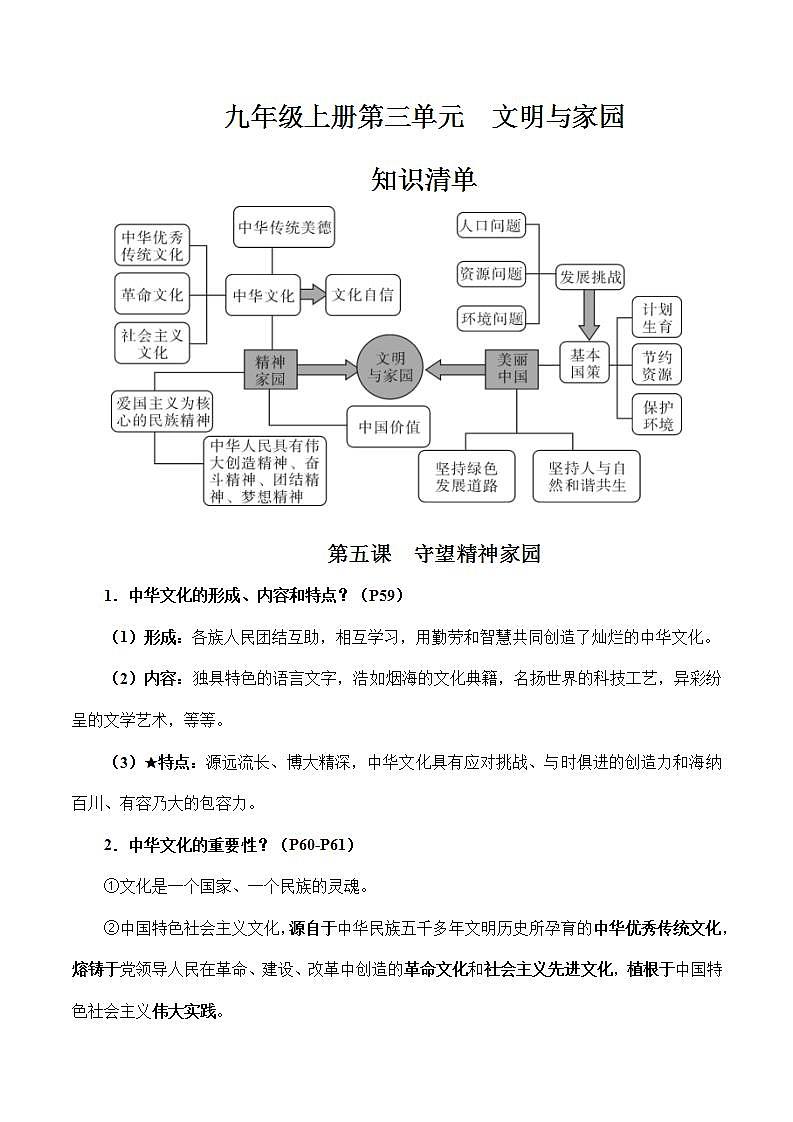人教部编版道法九上 第三单元 《文明与家园》 课件+单元检测带解析+知识清单01