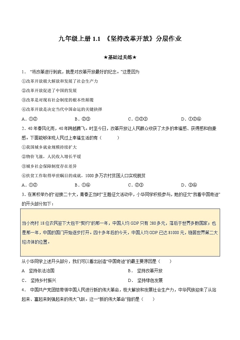 人教部编版道德与法治九年级上册1.1 《坚持改革开放》（分层作业）（含答案）01