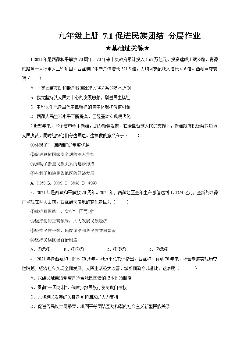 人教部编版道德与法治九年级上册7.1 《促进民族团结》（分层作业）（含答案）01