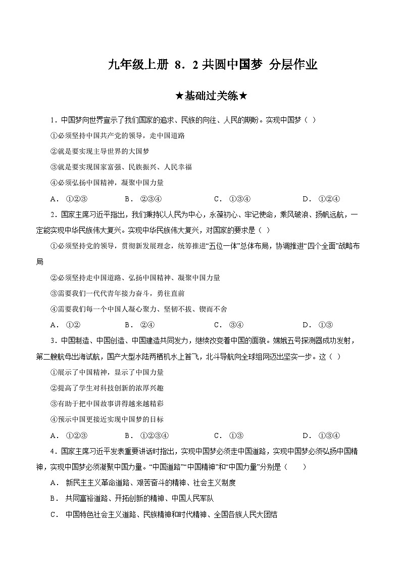 人教部编版道德与法治九年级上册8.2 《共圆中国梦》（分层作业）（含答案）01