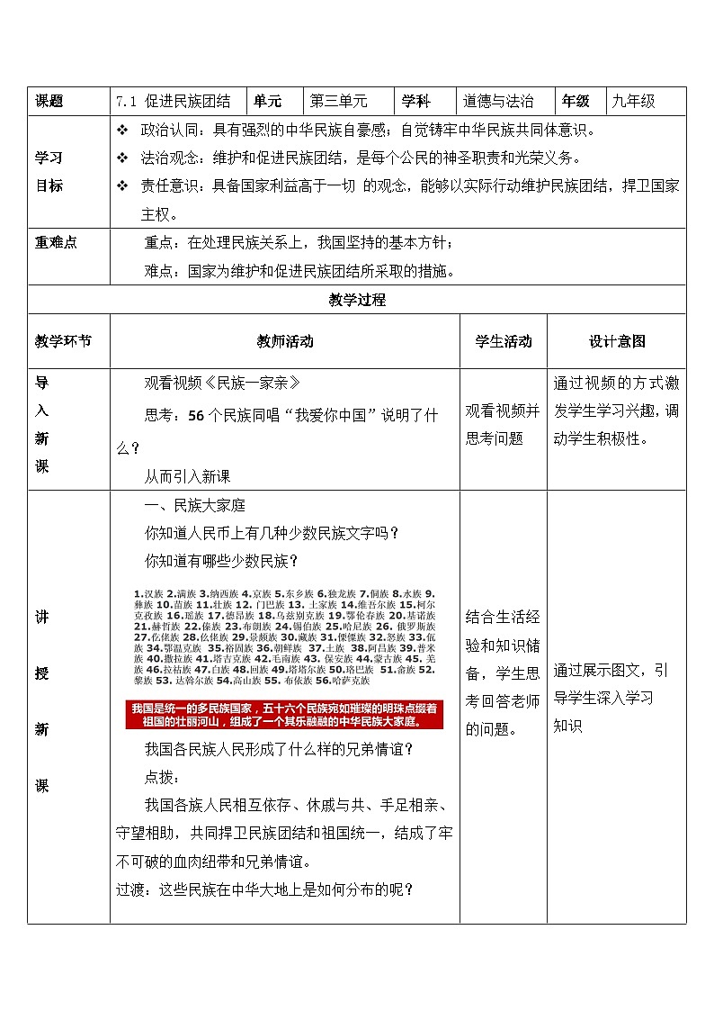 人教部编版道德与法治九年级上册7.1 《促进民族团结》教案第1页
