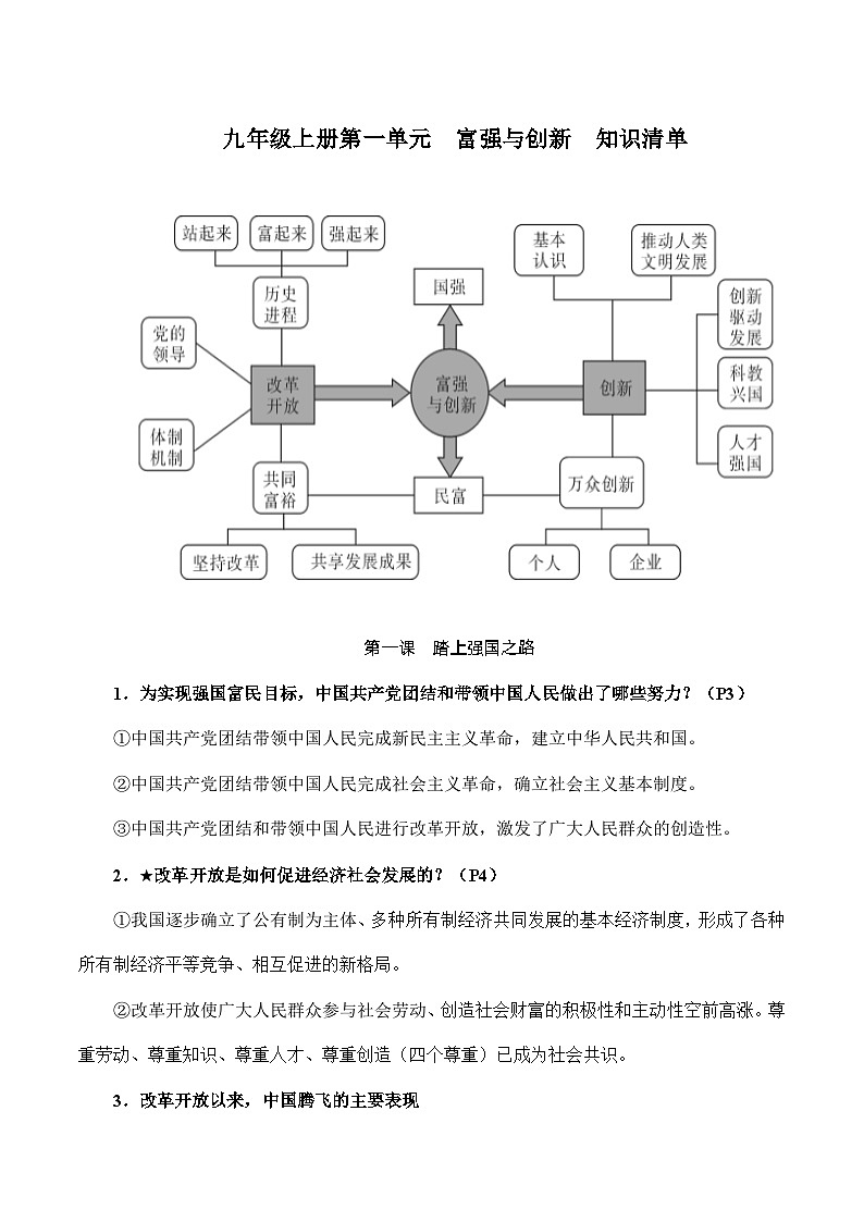 人教部编版道德与法治九年级上册第一单元《 富强和创新》（知识清单）第1页
