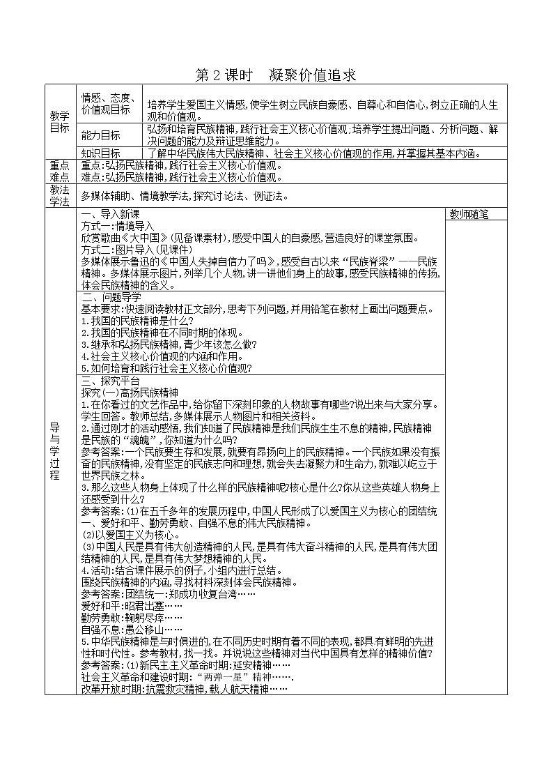 人教部编版道德与法治九年级上册5.2《凝聚价值追求》导学案01