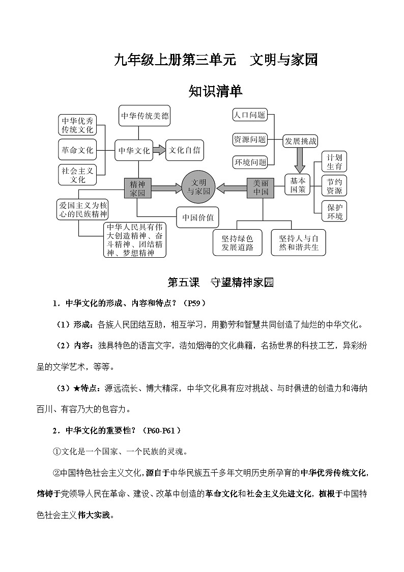人教部编版道德与法治九年级上册第三单元 《文明与家园》（知识清单）第1页