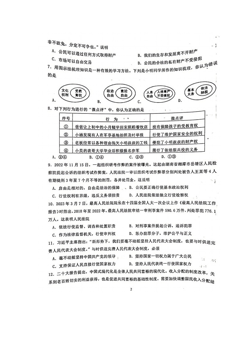 湖南省娄底市双峰县2022-2023学年八年级下学期7月期末道德与法治试题02
