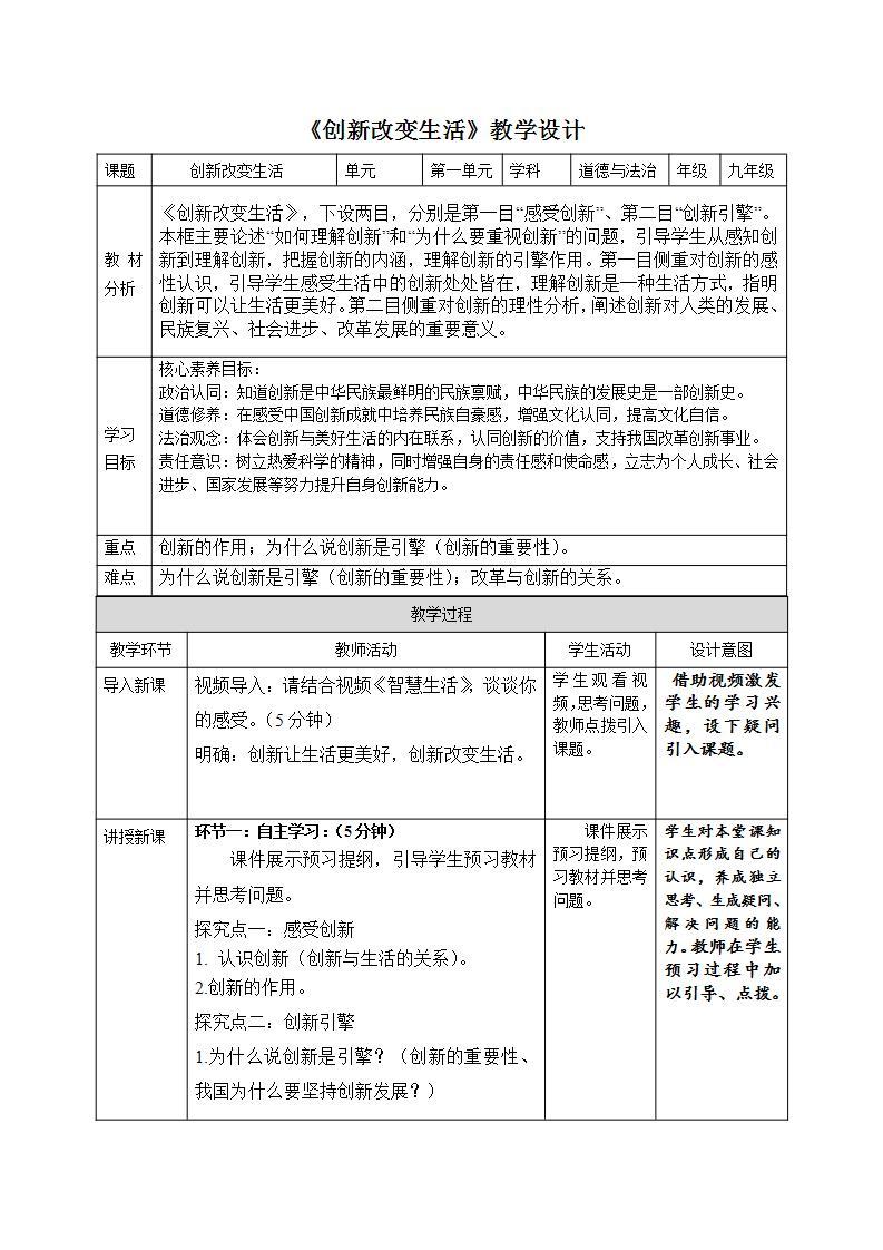 部编版道德与法治九上2.1《创新改变生活》课件+教案01