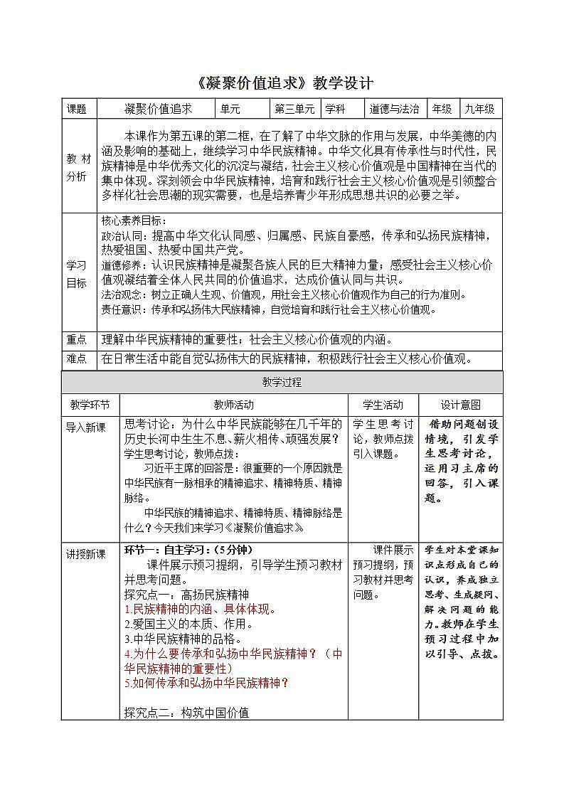 部编版道德与法治九上5.2《凝聚价值追求》课件+教案01