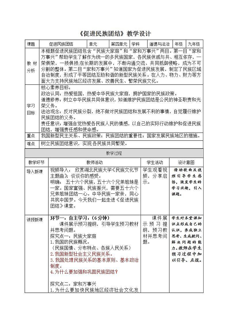 部编版道德与法治九上7.1《促进民族团结》课件+教案01