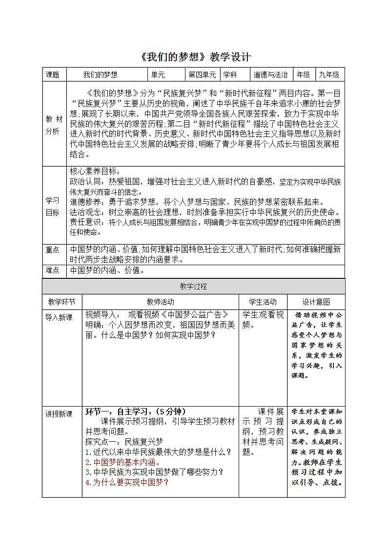 部编版道德与法治九上8.1《我们的梦想》课件+教案01