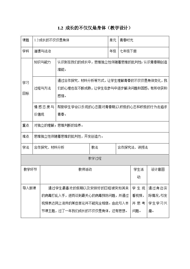 初中道德与法治 统编版（五四学年） 七年级全册 1.2成长的不仅仅是身体（教学设计）01