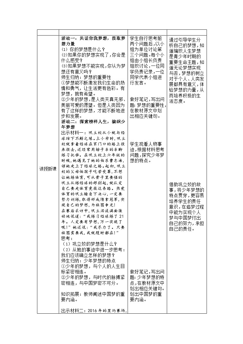 【同步教案】部编版道德与法治七年级上册--1.2 少年有梦 教学设计（表格式）02