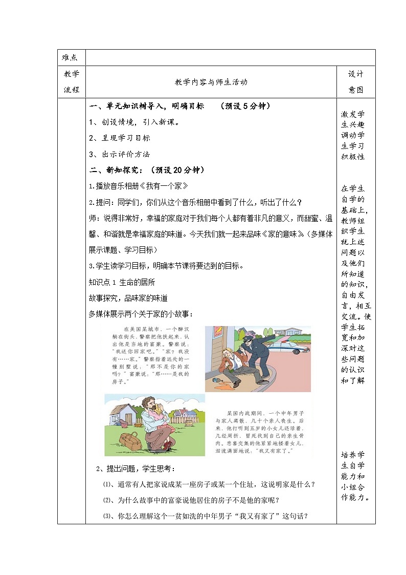 【同步教案】部编版道德与法治七年级上册--7.1 家的意味 教案（表格式）02
