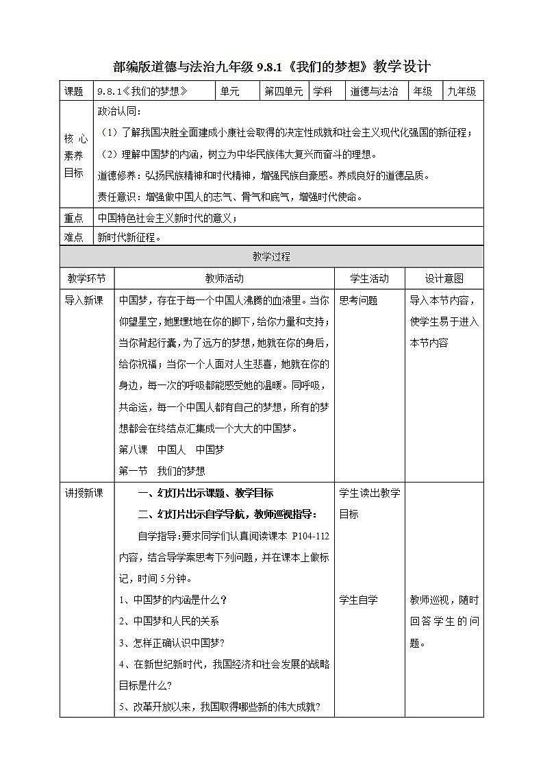 【核心素养】人教部编版道法九上 9.8.1《我们的梦想》课件+教案+学案+练习+素材01