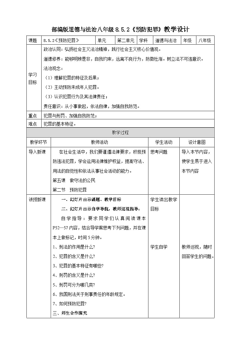 【核心素养】人教部编版道法八上 8.5.2《预防犯罪》课件+教案+学案+练习+素材01