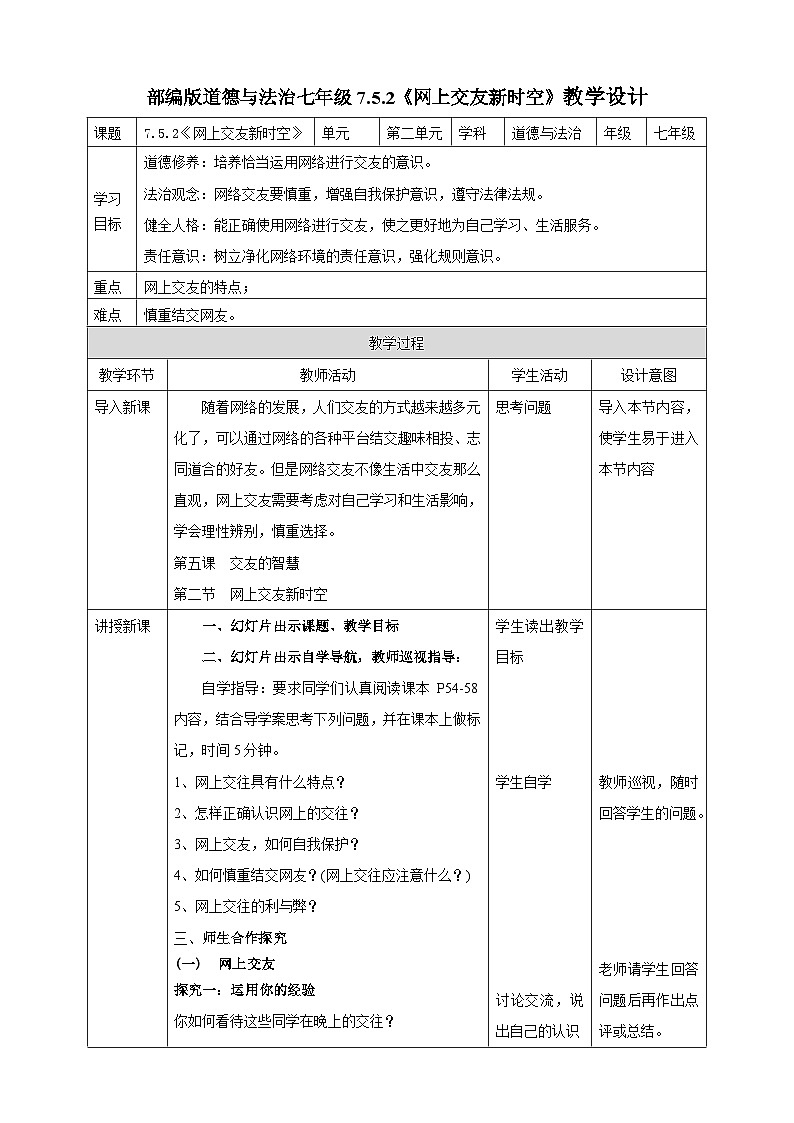 【核心素养】人教部编版道法七上 7.5.2《网上交友新时空》课件+教案+学案+练习+素材01