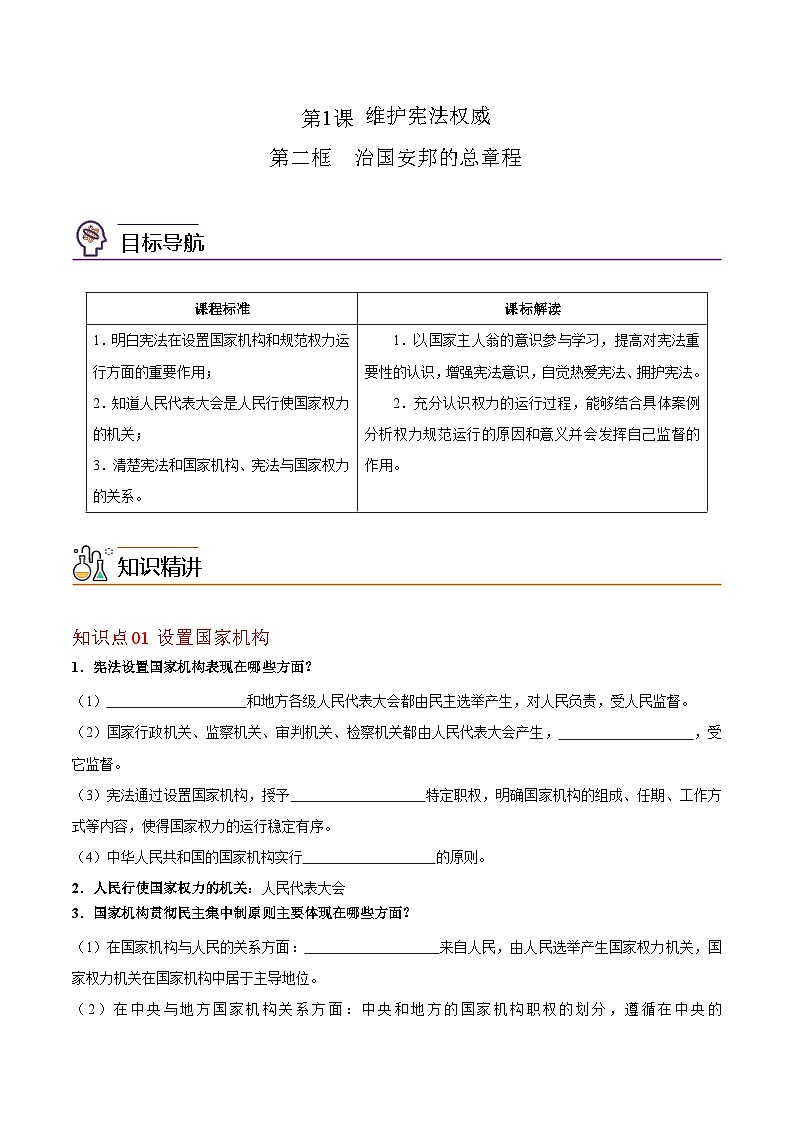 【同步讲义】部编版道德与法治八年级上册：1.2  治国安邦的总章程 讲义（教师版+学生版）01