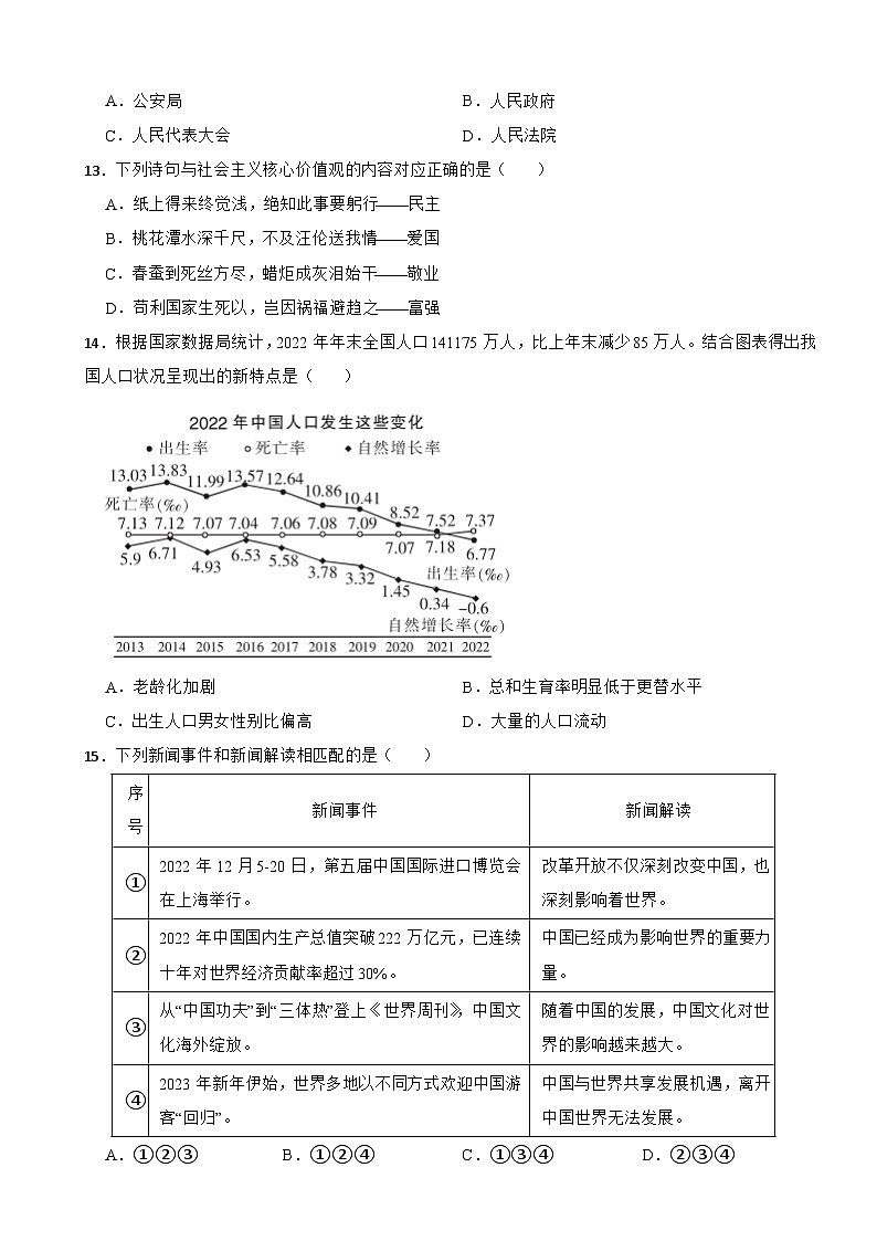 黑龙江省哈尔滨市2023年中考道德与法治真题试卷(附答案)03