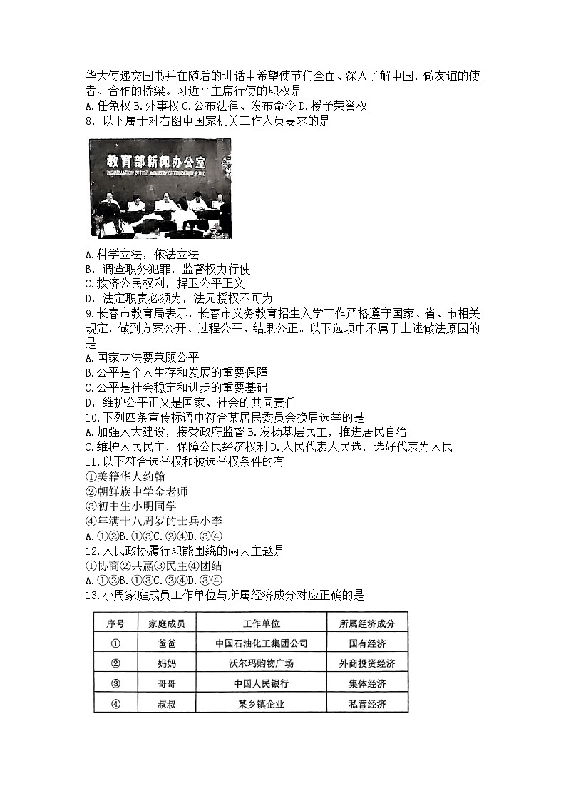 吉林省长春市朝阳区2022-2023学年八年级下学期期末考试道德与法治试卷02