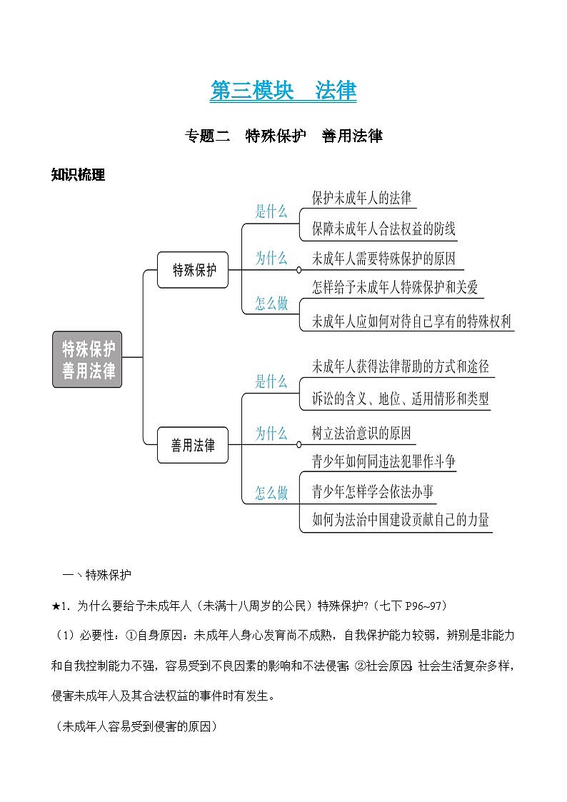 中考道德与法治二轮复习知识点梳理与检测专题二 特殊保护 善用法律（含解析）第1页