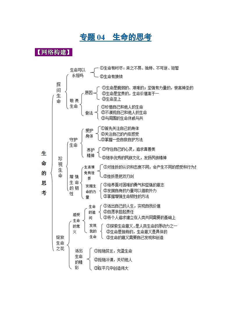 中考政治一轮复习知识点梳理+考点练习 专题04 生命的思考（含解析）第1页