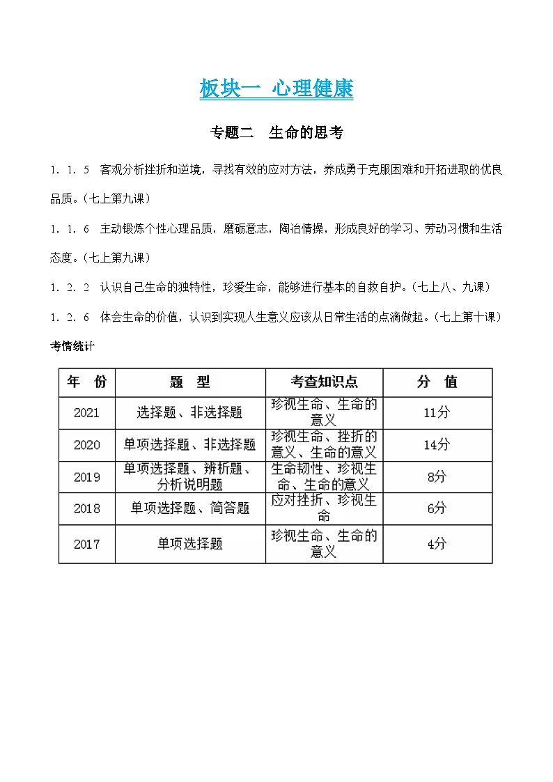 中考道德与法治二轮复习知识梳理归纳与考点精炼专题二  生命的思考（含解析）第1页