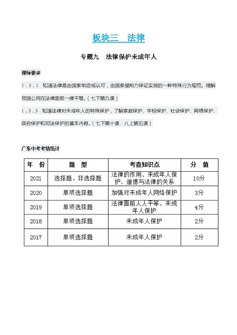 中考道德与法治二轮复习知识梳理归纳与考点精炼专题九  法律保护未成年人（含解析）第1页