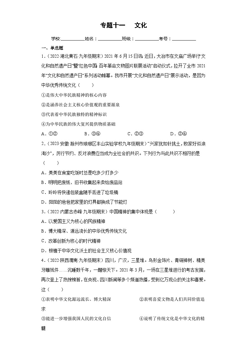 中考道德与法治二轮复习专题复习十一 文化（练习）（含解析）第1页