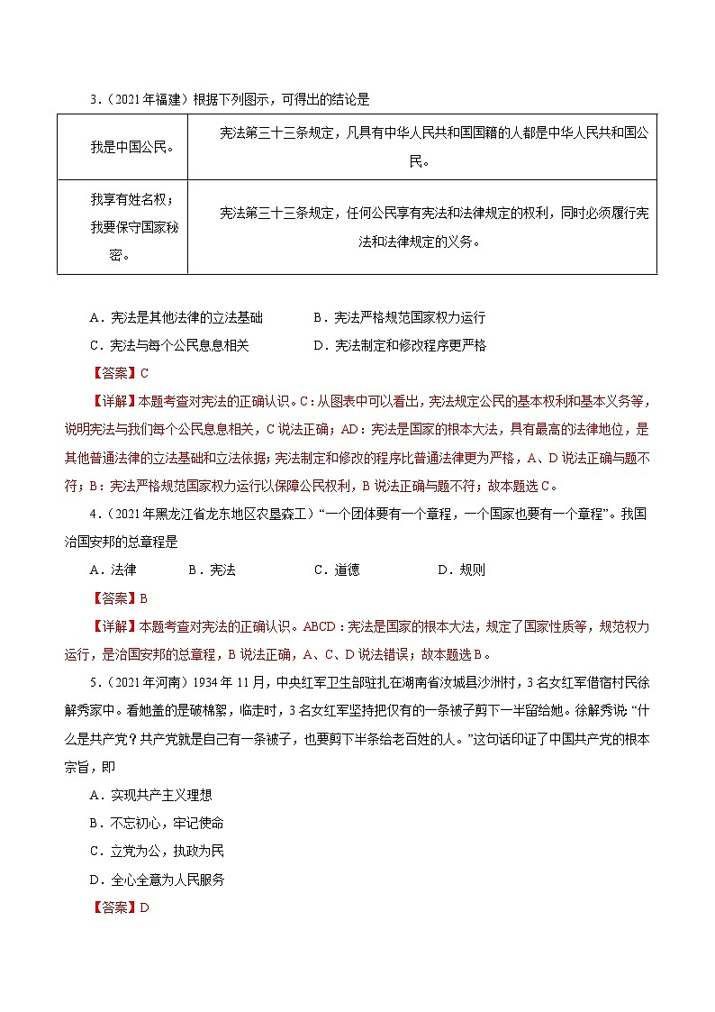 2021年中考道德与法治真题分项汇编专题13  坚持宪法至上（含解析）第2页