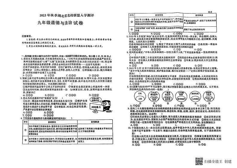 湖北省名校联盟2023-2024学年九年级上学期入学测评道德与法治试卷第1页