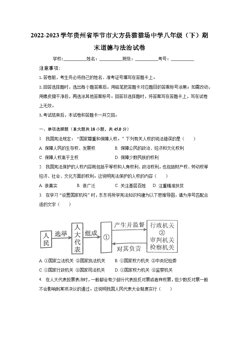 2022-2023学年贵州省毕节市大方县猫猫场中学八年级（下）期末道德与法治试卷（含解析）第1页