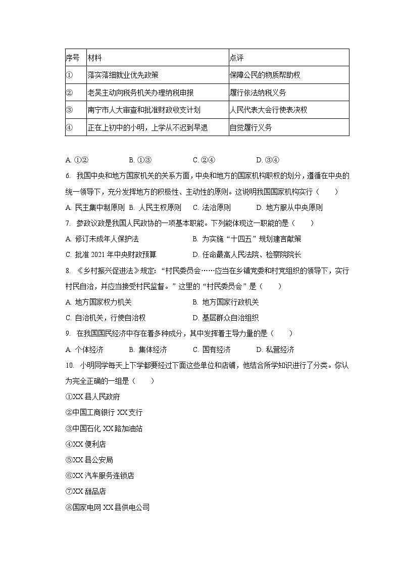 广西钦州市灵山县那隆中学2022-2023学年八年级下学期期末道德与法治试卷02