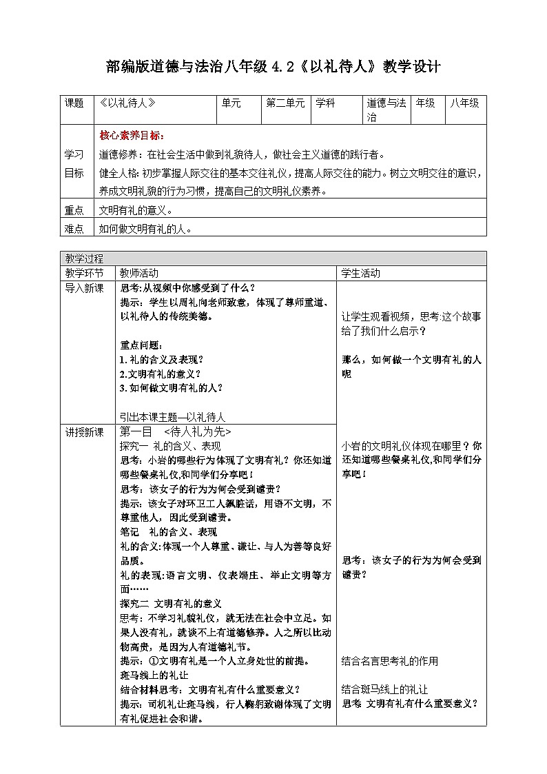 【核心素养】八上道法：4.2《以礼待人》课件+教案+热点视频01