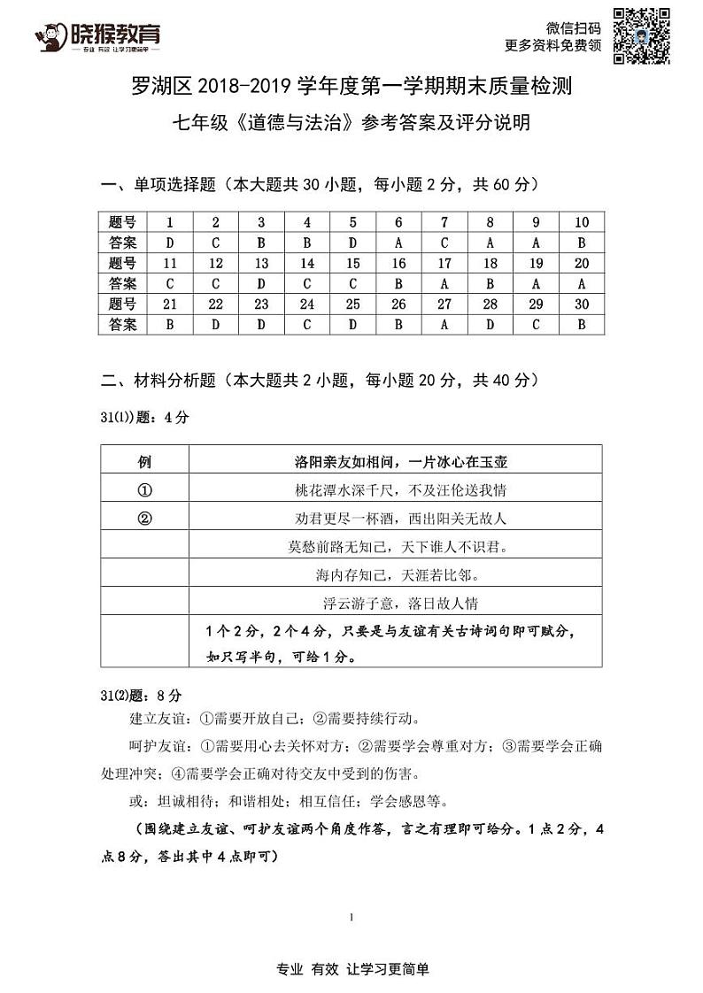 2018-2019学年深圳市罗湖区七上道德与法制期末统考试卷答案第1页