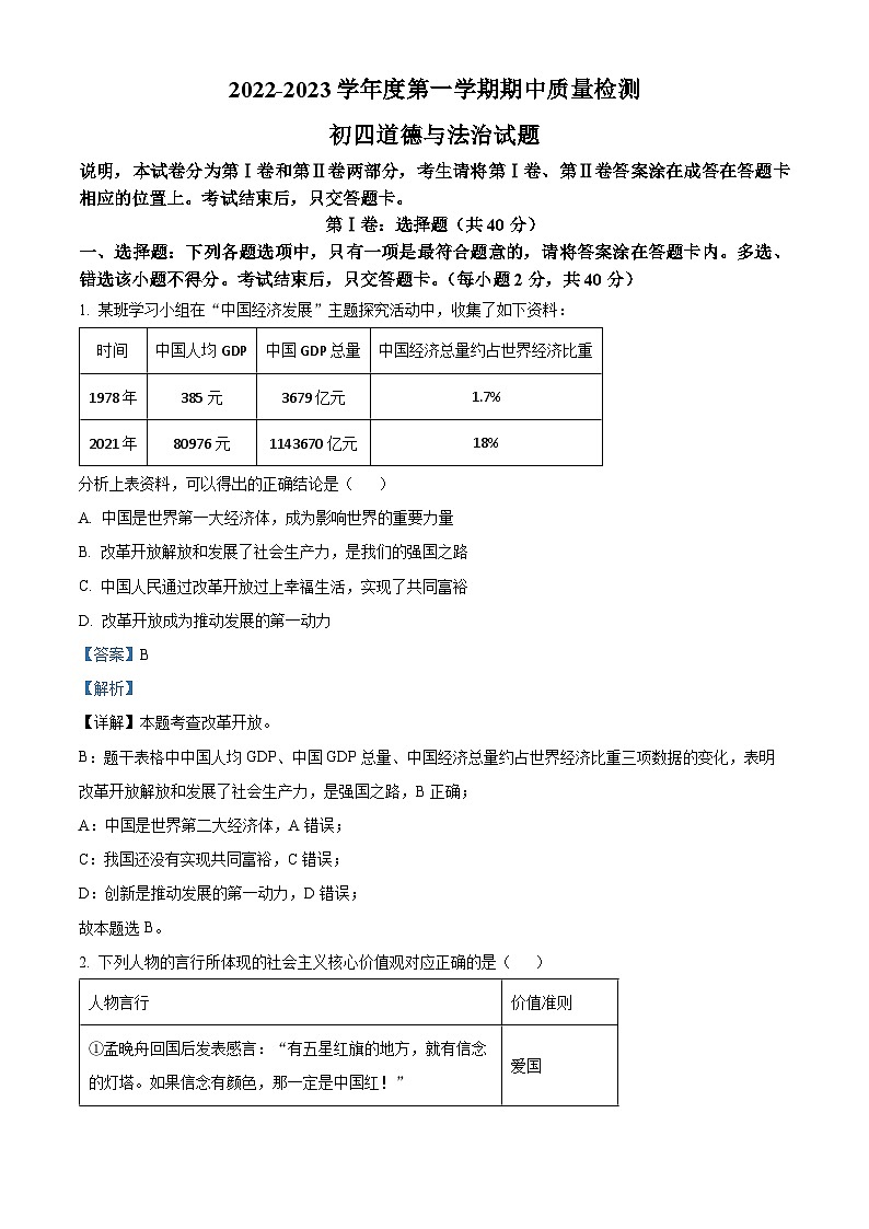精品解析：山东省烟台市牟平区（五四制）2022-2023学年九年级上学期期中道德与法治试题（解析版）第1页
