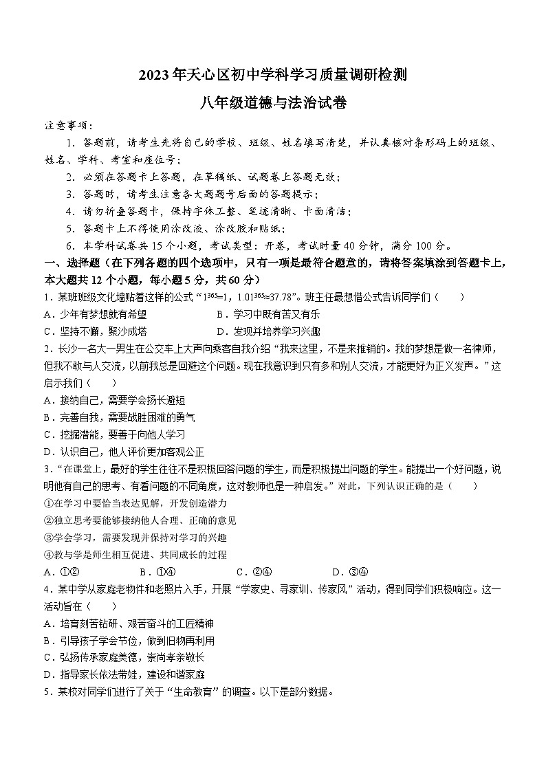 湖南省长沙市天心区2023-2024学年八年级上学期开学考道德与法治试题(无答案)01