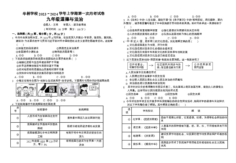 福建省莆田市城厢区华林学校 2023-2024学年九年级上学期第一次月考道德与法治试题01