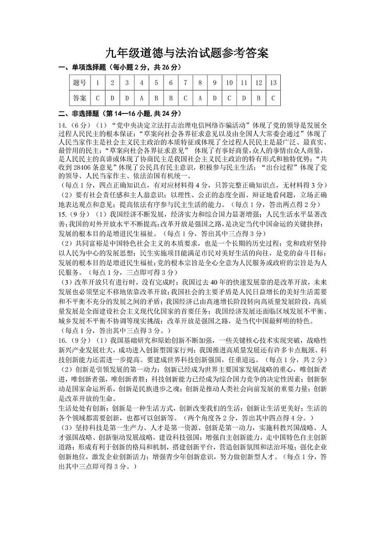 江苏省徐州市沛县2023-2024九年级上学期学情调研测试道德与法治试题（月考）01