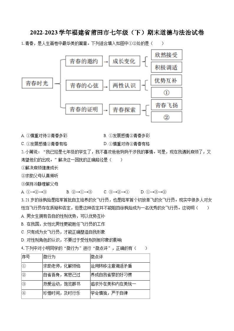 2022-2023学年福建省莆田市七年级（下）期末道德与法治试卷(含答案解析)01