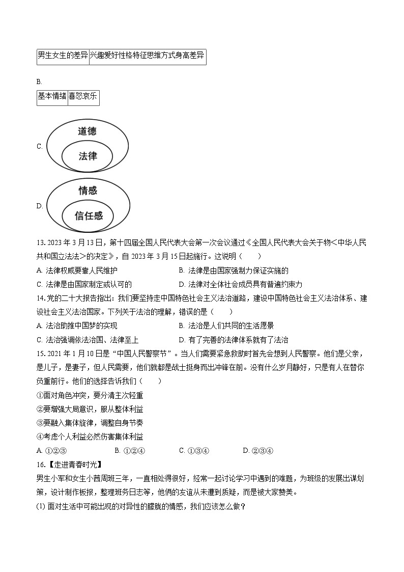 2022-2023学年辽宁省本溪市七年级（下）期末道德与法治试卷（含答案解析）第3页