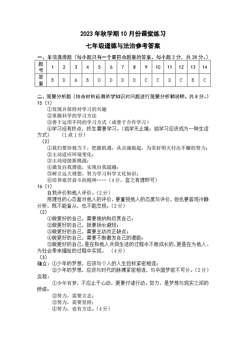 江苏省盐城市盐都区第一共同体+2023-2024学年七年级上学期10月月考道德与法治试题01