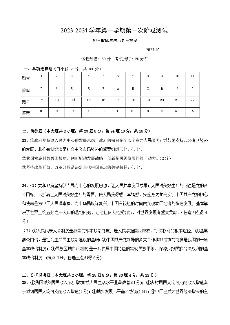 2023-2024学年第一学期第一次阶段测试初三道德与法治参考答案第1页